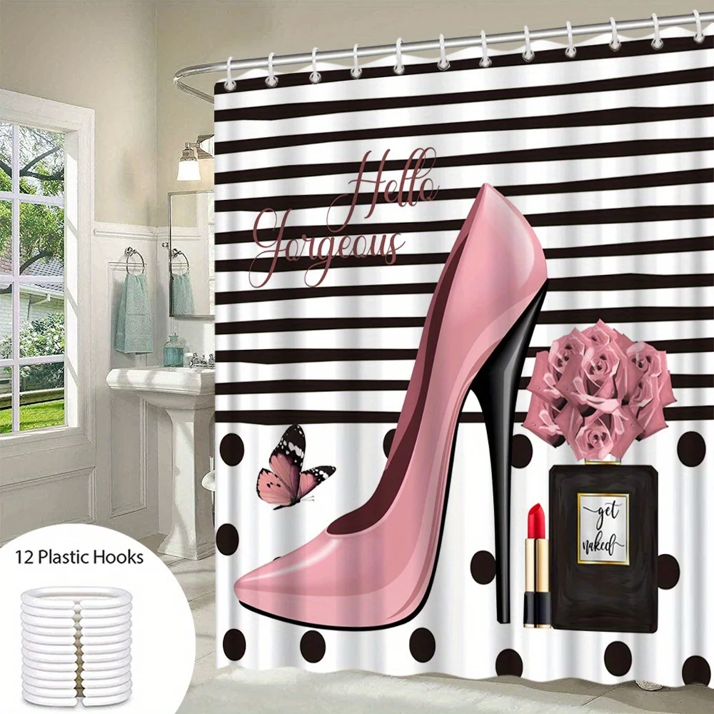Hello Gorgeous Pink High Heel Shower Curtain Polka-Dots Perfume Bottle Design with 12 Hooks Ideal Bathroom Decor