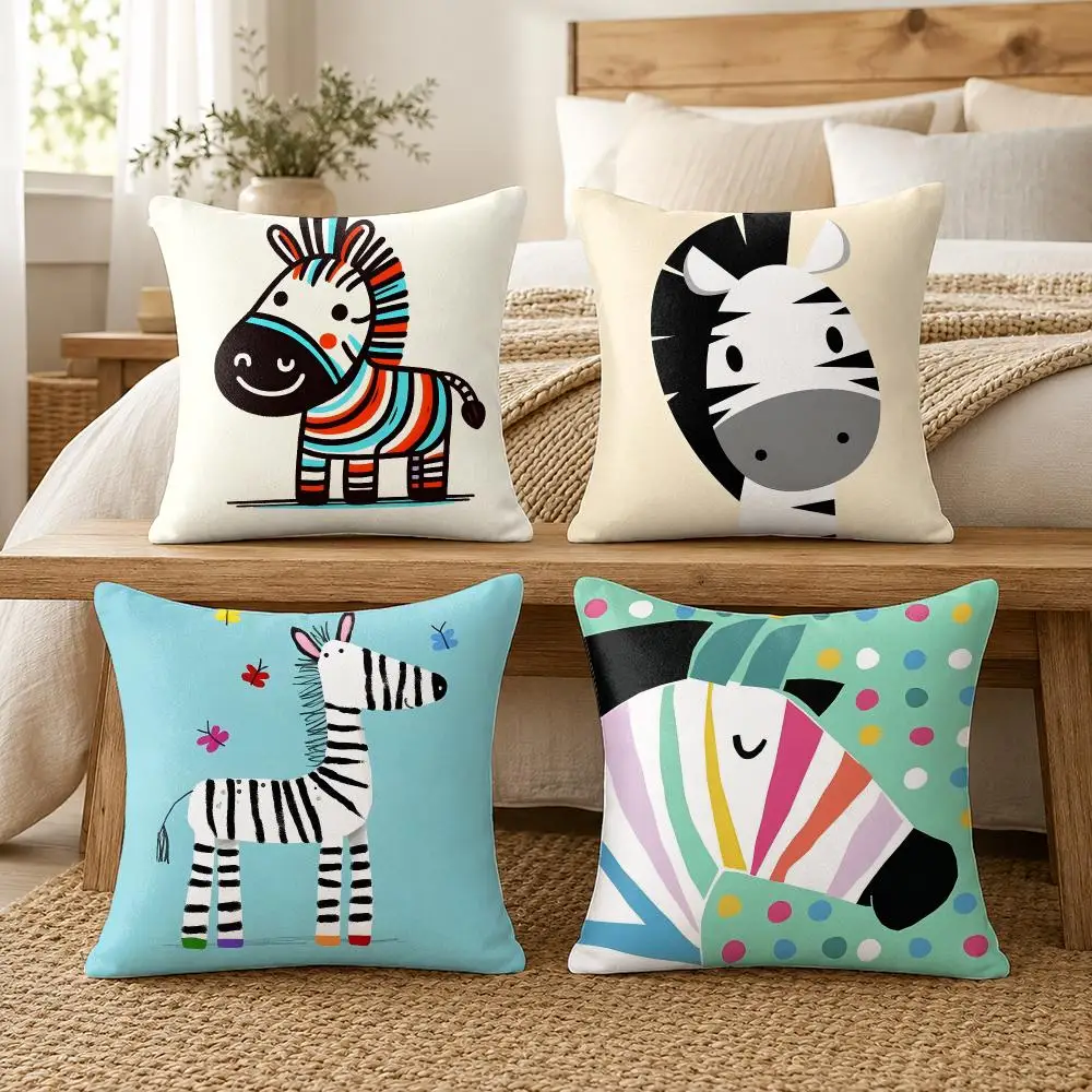 Cute Zebra Illustration Cushion Cover Soft Short Plush Pillow Cover Smooth Cozy Texture Cushion Case Home Decor