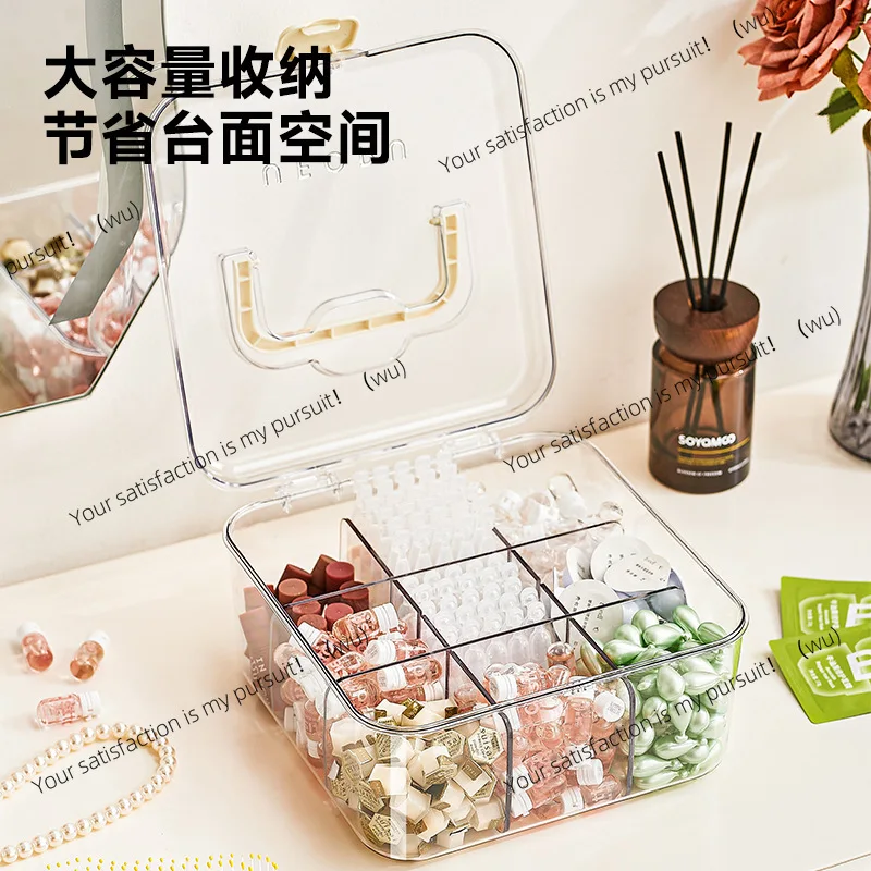 Cosmetic sample storage box, compartmental, dust-proof with lid, large capacity portable desktop transparent organizer