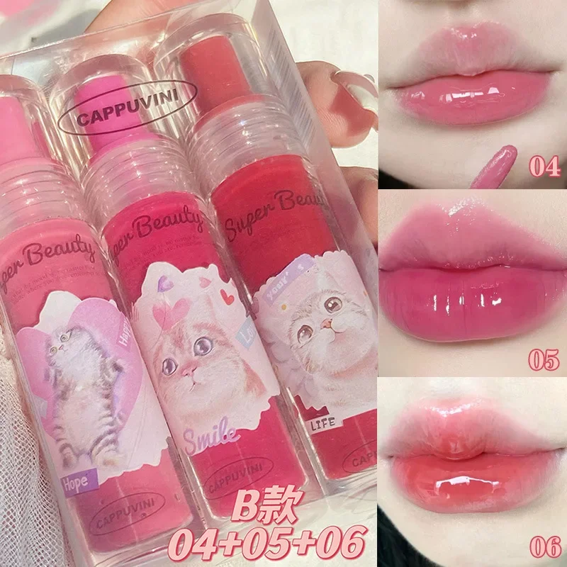 Cute Cat Lip Gloss Set Lips Essence Jelly Lip Glaze Moisturizer Mirror Water Light Lipsticks Red Lip Tint Liquid Lip Oil Balm