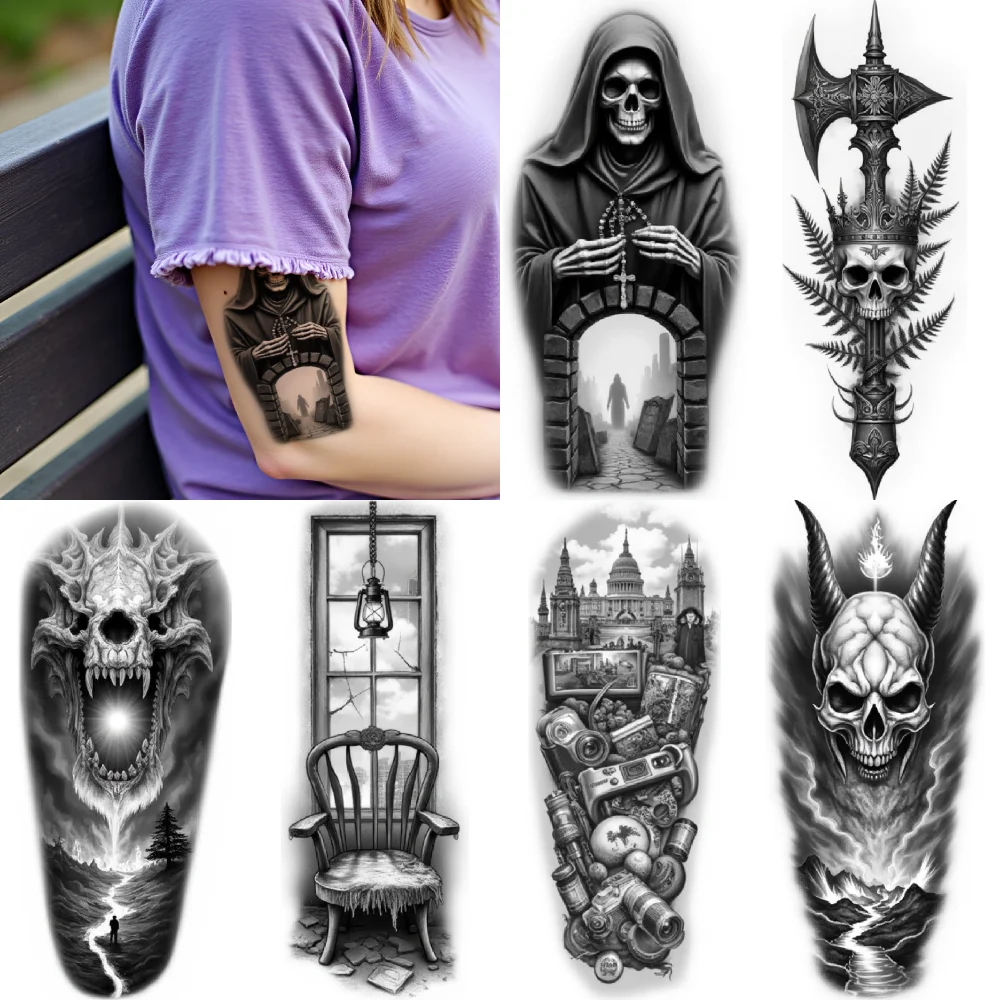 

3 шт., временная татуировка, старый стул, водостойкие долговечные наклейки на тело, фонарь, летучая мышь, череп, черный и серый, реализм, мрачный жнец для