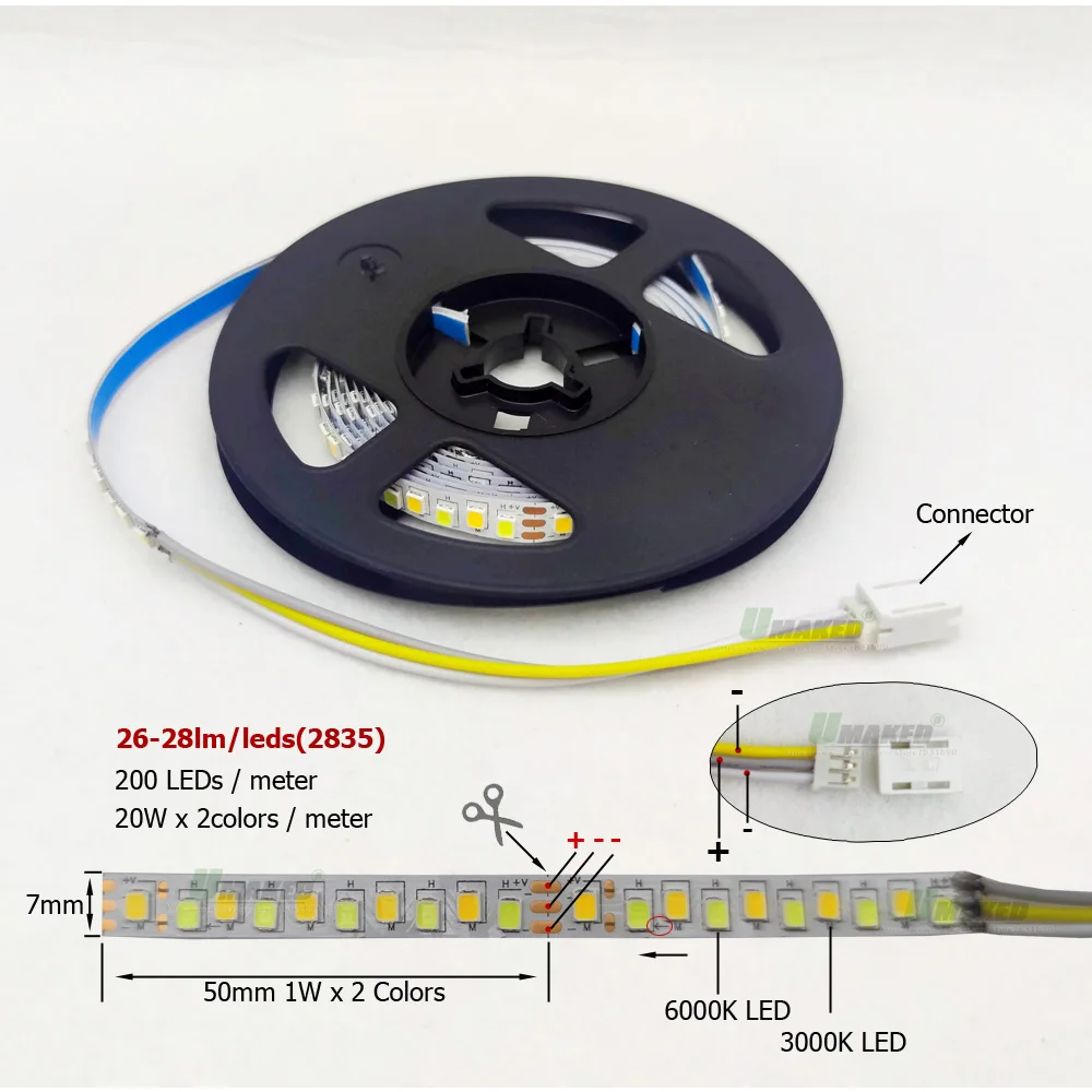 LED Strip SMD2835 200D/M 2Pin 3Pin 300mA Constant Current Fexible Light 3000K+6500K (51-60W)x2Colors For Indoor Chandelier Lamps