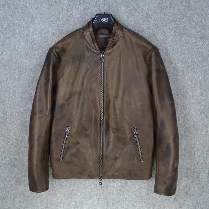 

Authentic Lambskin Leather Jaet Men's Baseball Sle Slim Fit Youthful Vitali Spring Casual Straight Hem Design Wax Dye