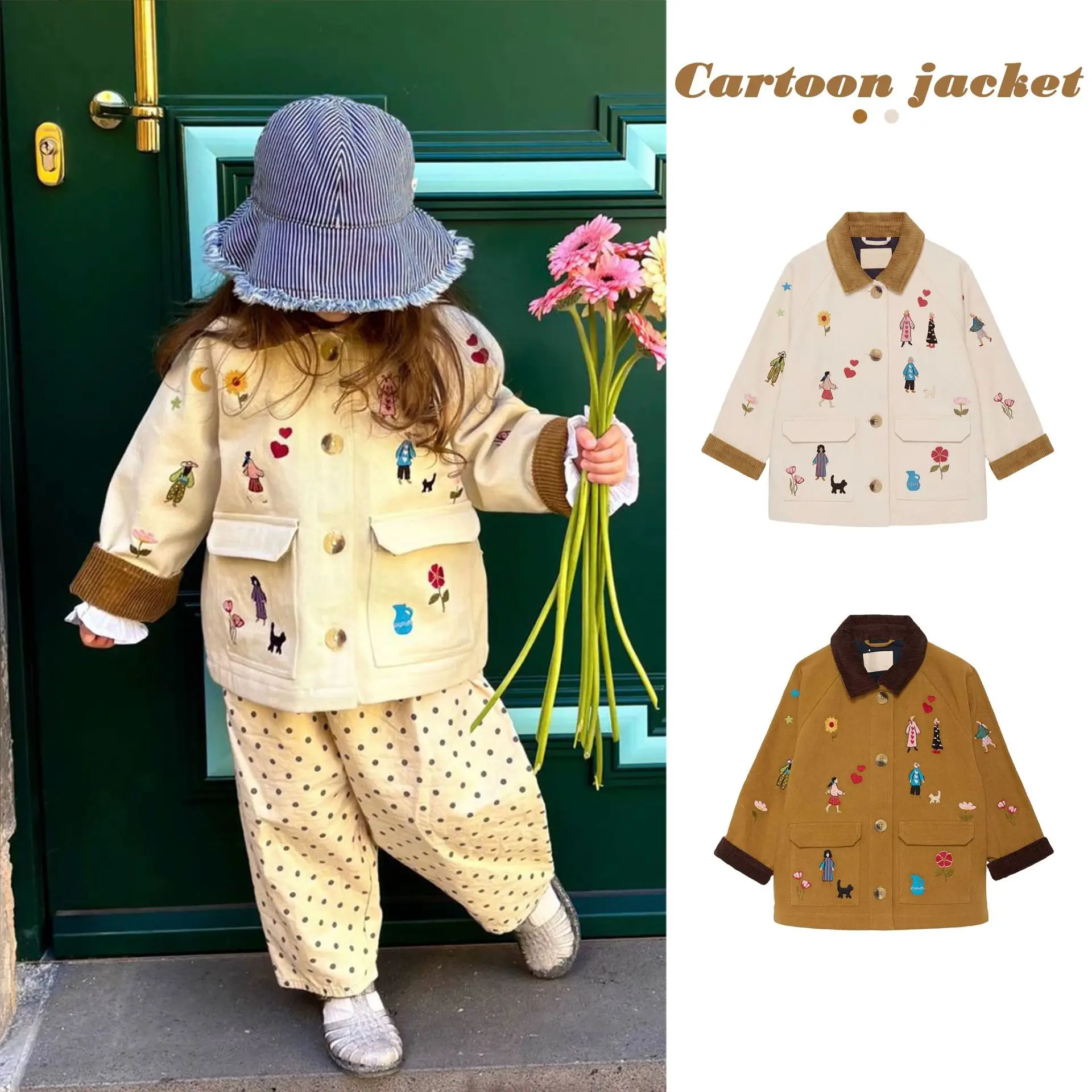 In Stock Kids' Autumn Winter Jacket And Pants Set Heavy Embroidery Cartoon Design Ins Style Girls Outerwear Coat Long Trousers