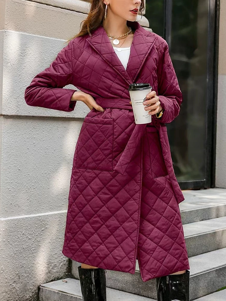 Women Long Jacket Coat for Winter 2024 Beige Fashion Parka Green Quilted Warm Jacket with Belt for Women Female Parkas Clothes