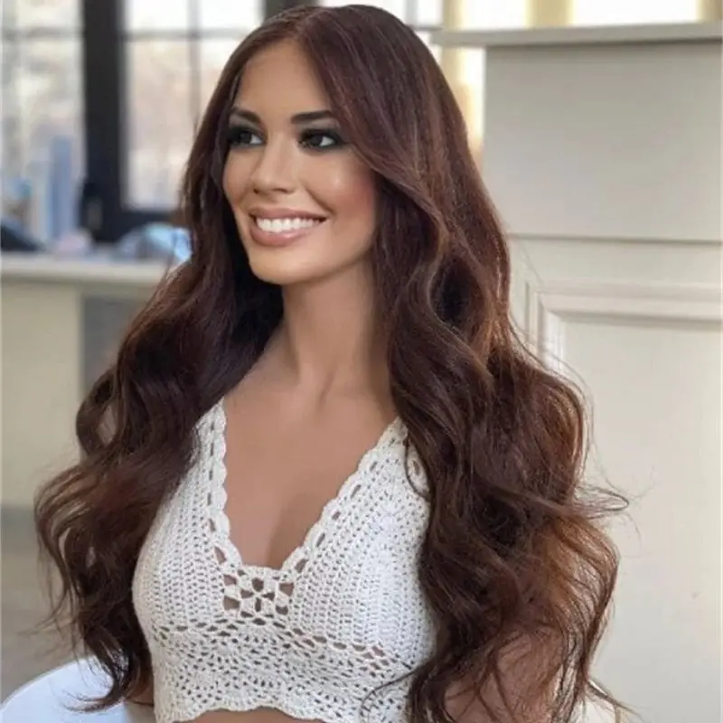 150% Density Wig 13x4 Ombre Chocolate Brown Highlights Synthetic Lace Front Wig Long Body Wave Wig Natural Preplucked Hairline