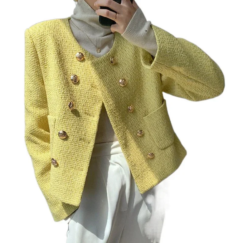 سترة مبطنة قصيرة بأزرار مزدوجة على الطراز الفرنسي الحلو ورقبة دائرية متعددة الاستخدامات لربيع الخريف معطف صغير أنيق للسيدات #5