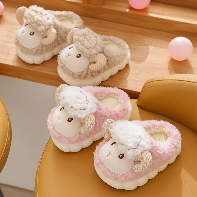 Girl Shoe Winter Kid Brand Slippers Cartoon Sheep Home Shoe Boy Girl Indoor Warm Plush Slippers Soft Sole Anti-Slip Cotton Shoe