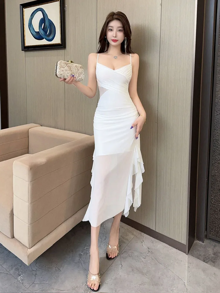 

Elegant Spaghetti Strap Midi Dress Women Party Slim A Line Solid Slit Lady Dress New Chic Low Chest Summer Sexy Vestidos