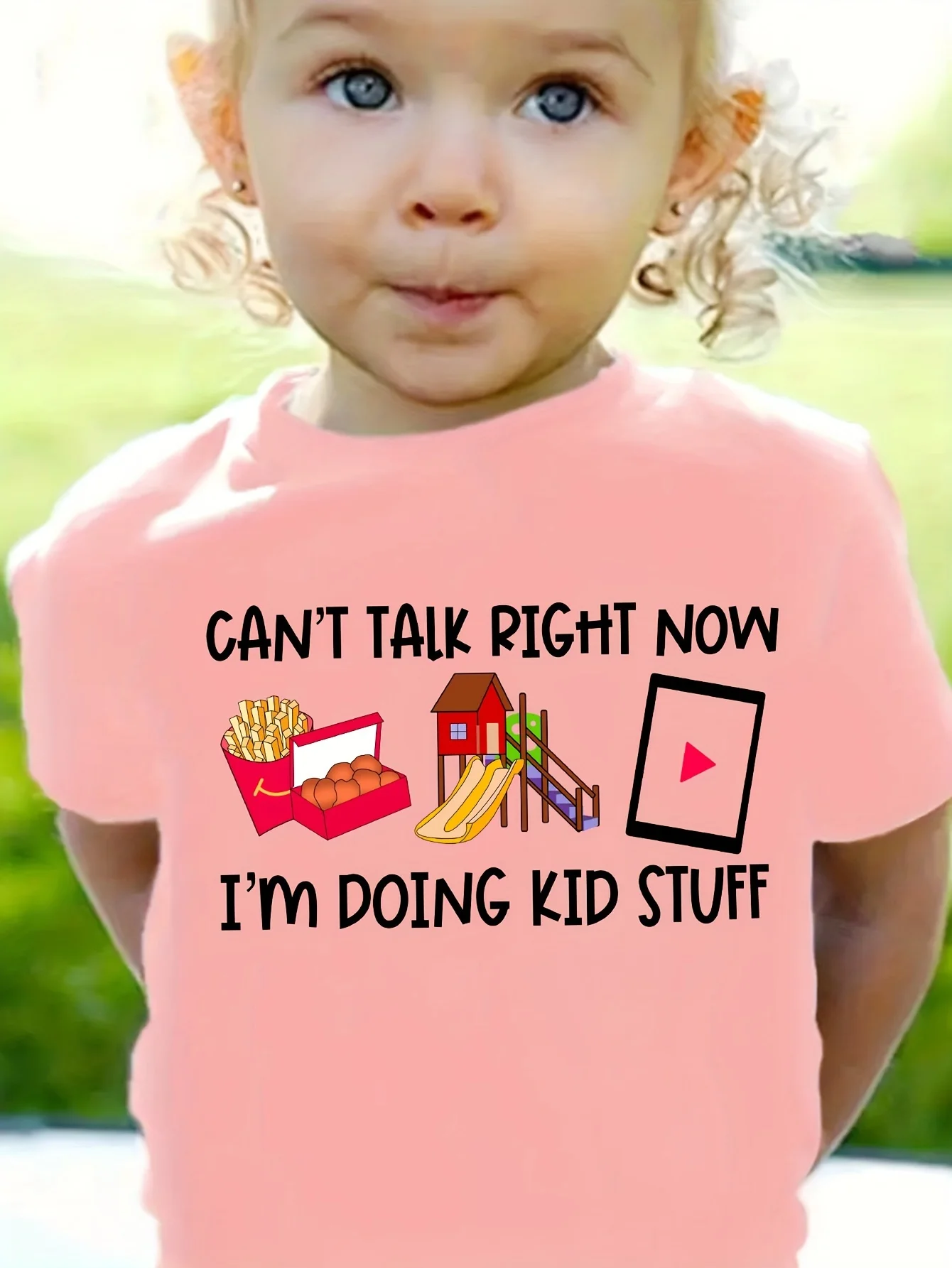 Children's Casual T-shirt with Fun French Fries and Slide Pattern Print Holiday Gift Round Neck Parent-child Short Sleeved
