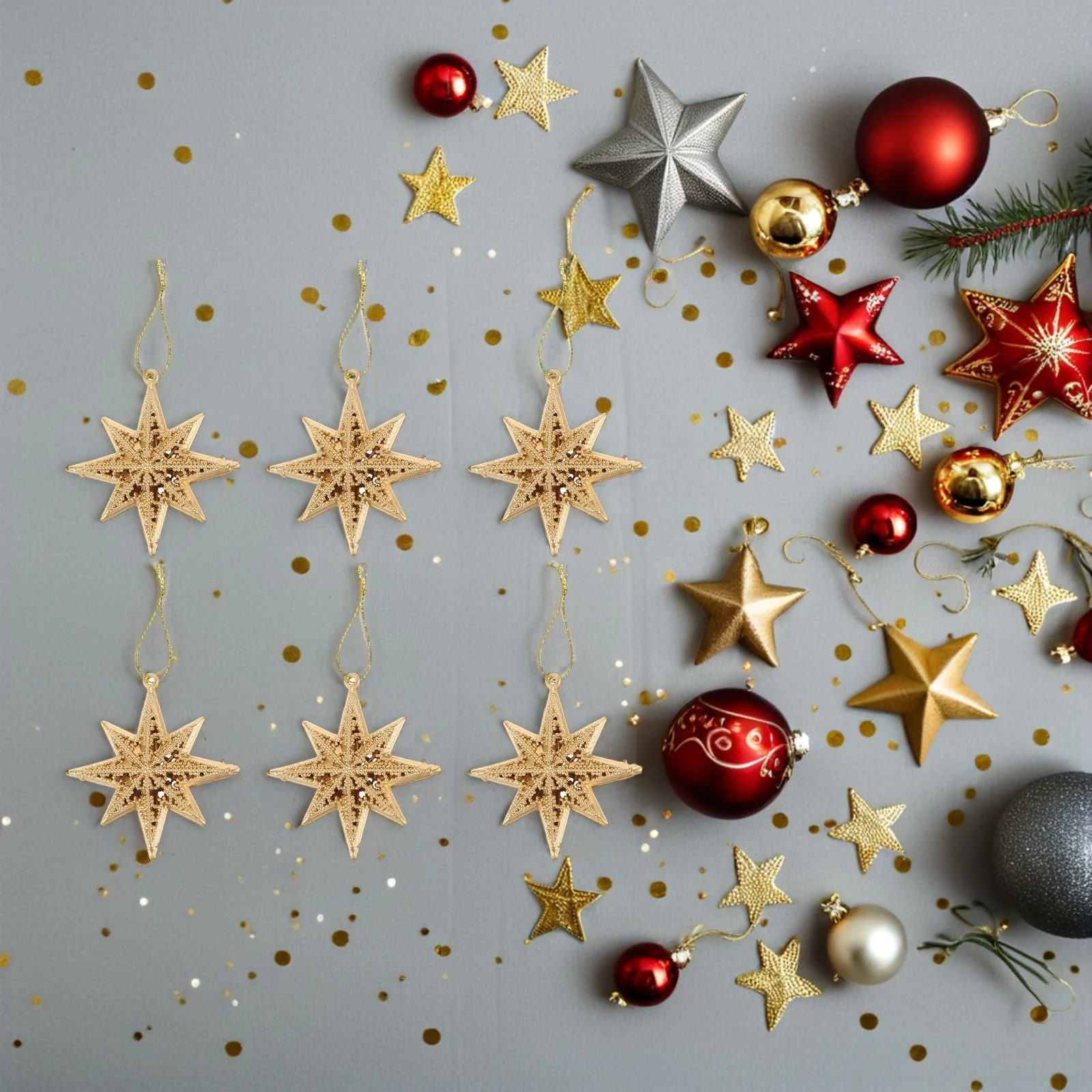 

6Pcs Christmas Stars Mini Christmas Decorations Exquisite Eight-Pointed Star Christmas Tree Decorative Xmas Tree Pendant Decor