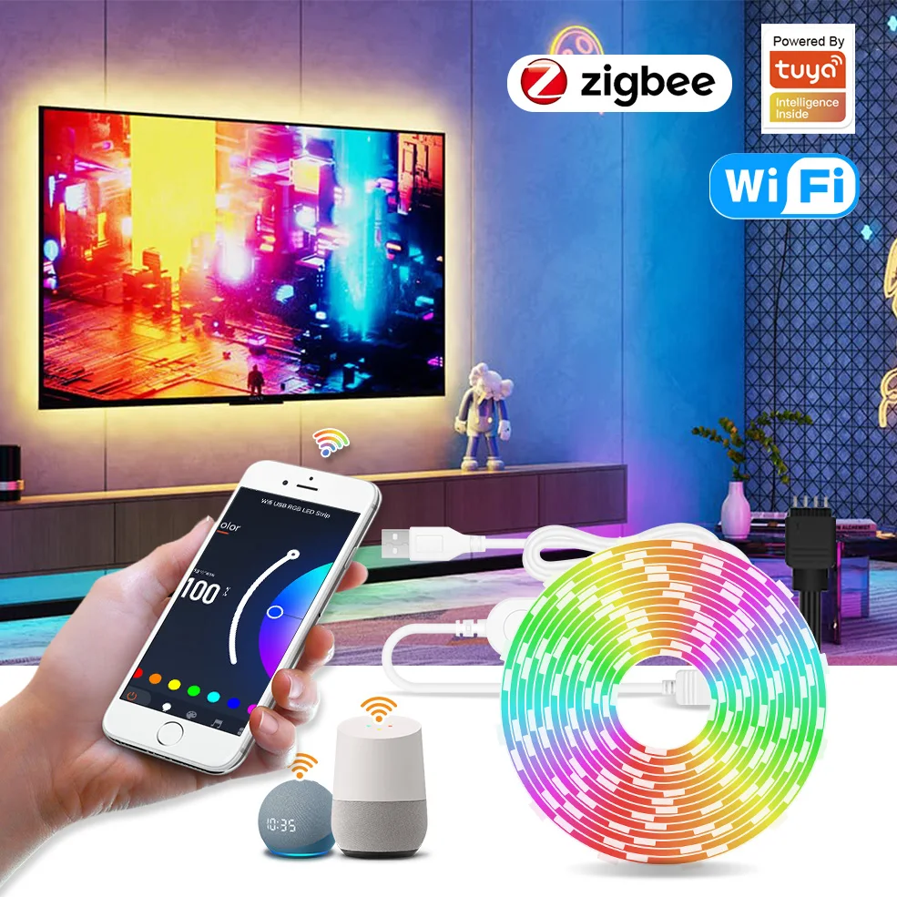 Smart Zigbee RGB Led Licht Streifen Wifi Tuya USB Led-leuchten 5V Flexible Band TV Hintergrundbeleuchtung Hause Zimmer Arbeitet mit Alexa Google