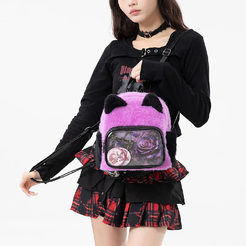 Kawaii Cat Ear Faux Fur Clear Backpack with Badge Display - Cute Plush Pain Bag, Anime Cosplay Shoulder Bag, Harajuku Style