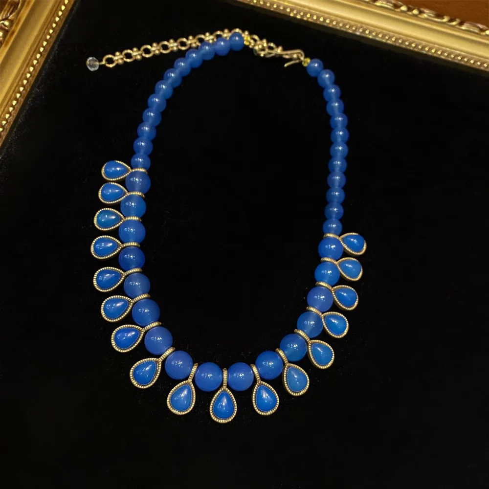 

Medium copper plated 18K gold with blue agate natural stone necklace for women jewlry whosale