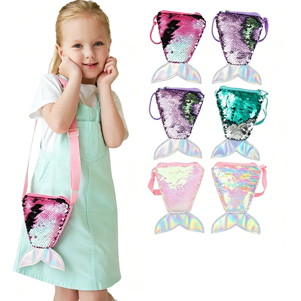 

Hot Selling Sweet Cute Cartoon Shiny Mermaid Tail Crossbody Bag Girls Portable Travel Storage Shoulder Bag Zero Wallet Kids Gift