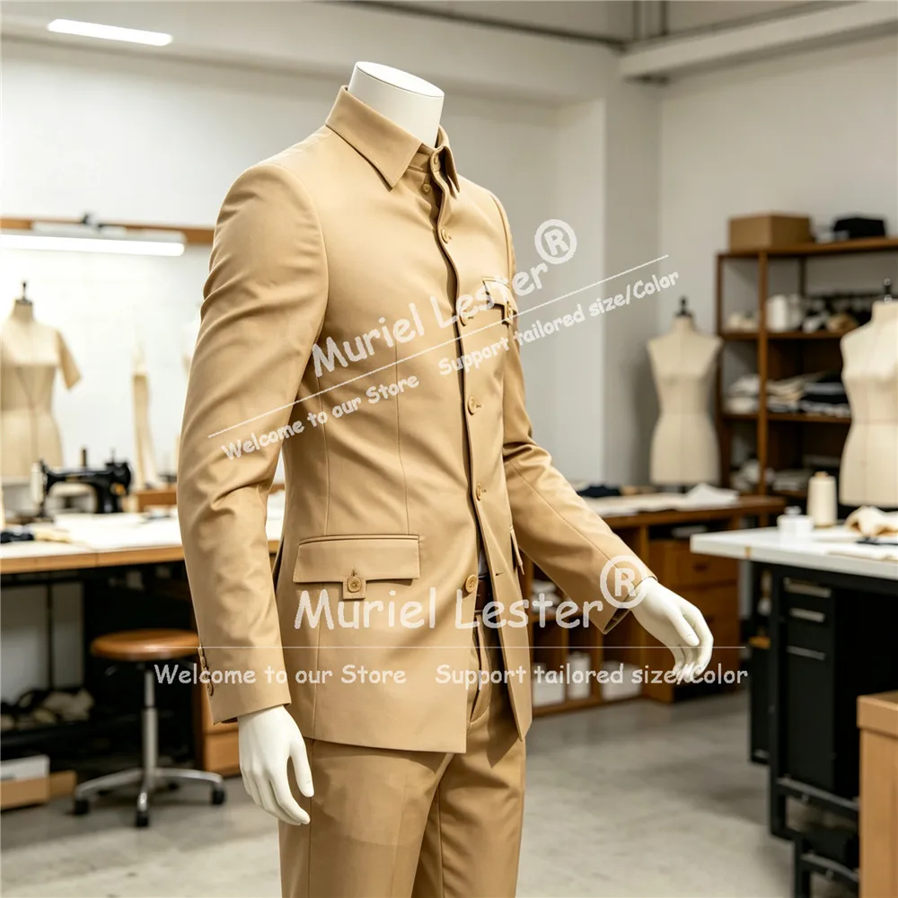 Men's Safari Style Suit 2 Piece Sets Multi Pockets Outdoor Sport Wear Slim Fit Hunting Coat Pants Customized African