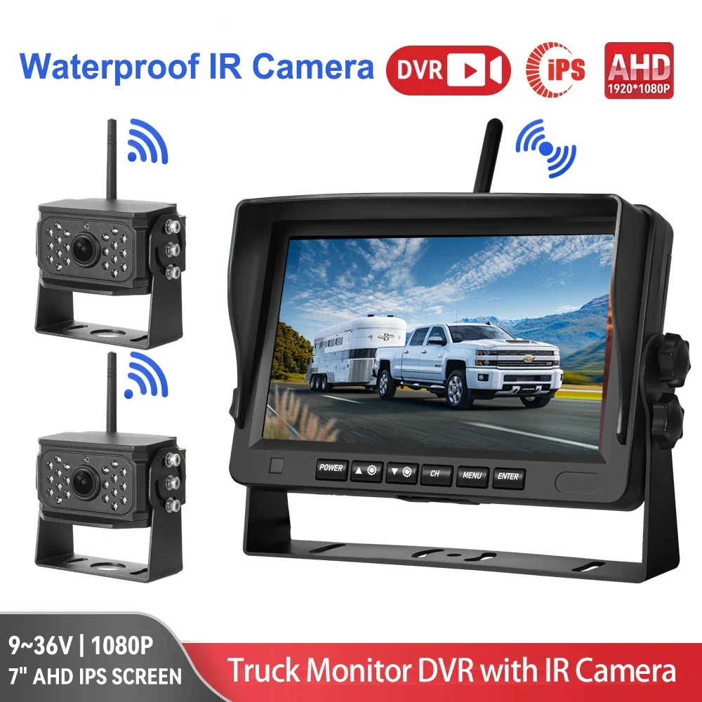 4 Split-screen 7 inch Wireless DVR Truck Monitor AHD 1080P Night Vision Reverse Backup Recorder Wifi Camera