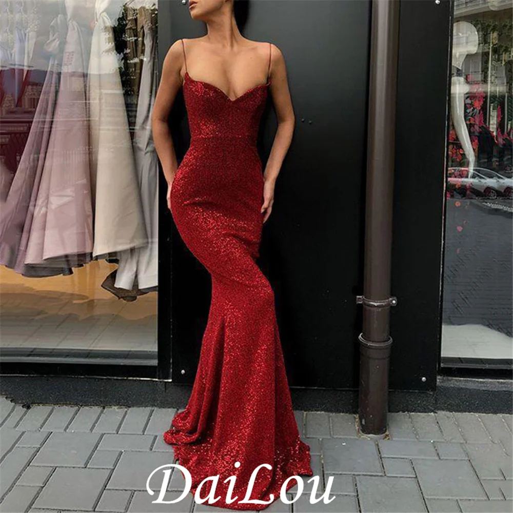 

Red Sequins Glitter Evening Dress Simple Mermaid Spaghetti Straps Backless Sexy Party Prom Gowns For Women Free Shipping