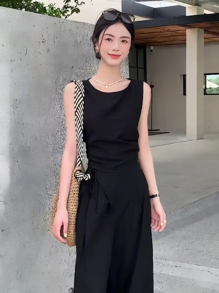 

Ele Hollow out Bal Tie Waist Svel Vest Summer New Sle Women's High End Slimming Top French Sle round Ne ...
