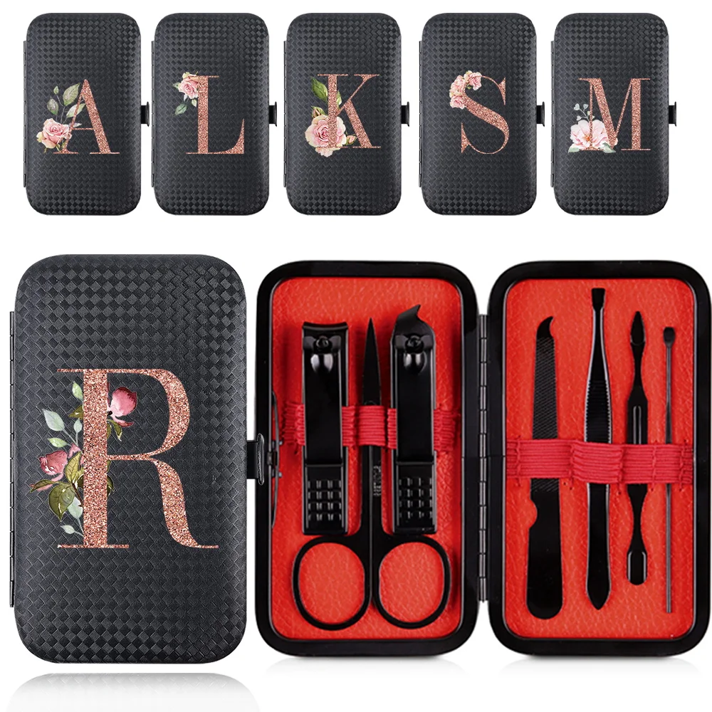 

7Pcs Stainless Steel Nail Clippers Set Organizer Manicure Cutter Kit Pocket Pedicure Tool Portable Case Rose Gold Letter Pattern