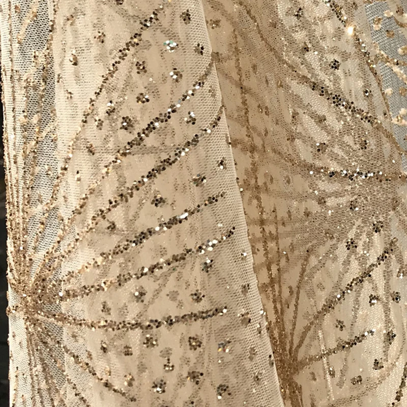 firework sequin tulle fabric Champagne Gold Bronzing Sequins Cloth white Net Dress Fabric Evening dress, costume materials