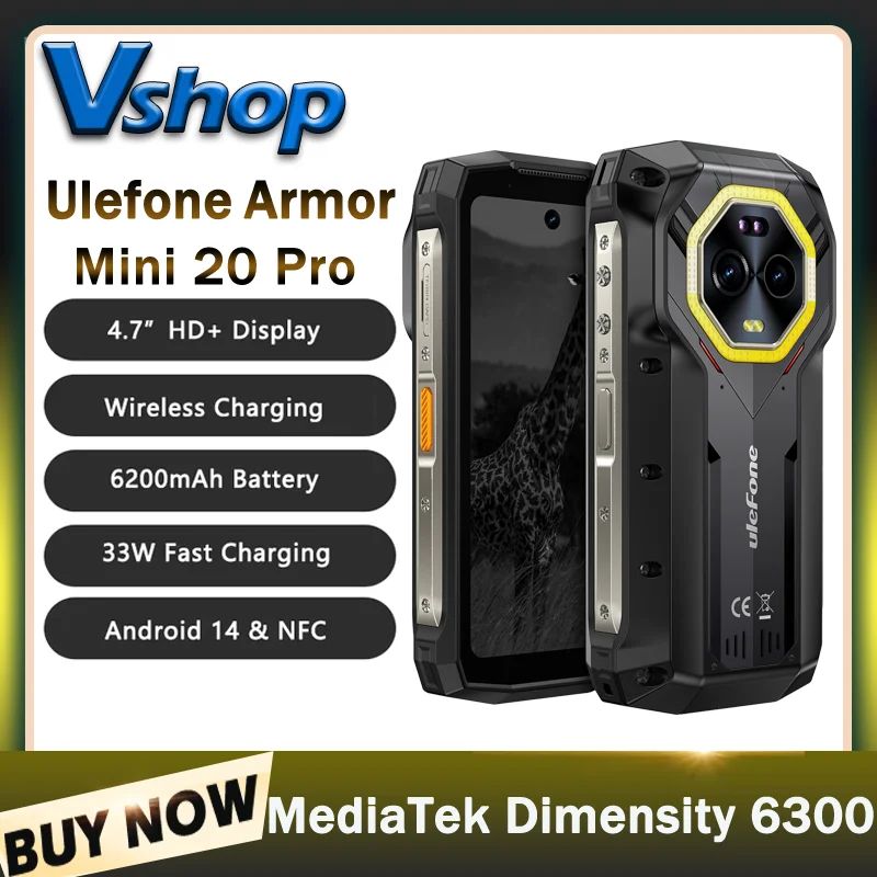 Прочный телефон Ulefone Armor Mini 20 Pro, 8 ГБ + 256 ГБ, 4,7 дюйма, 64 МП, ночная камера, Android 14 MTk, размер 6300, 5G, NFC, мобильный телефон