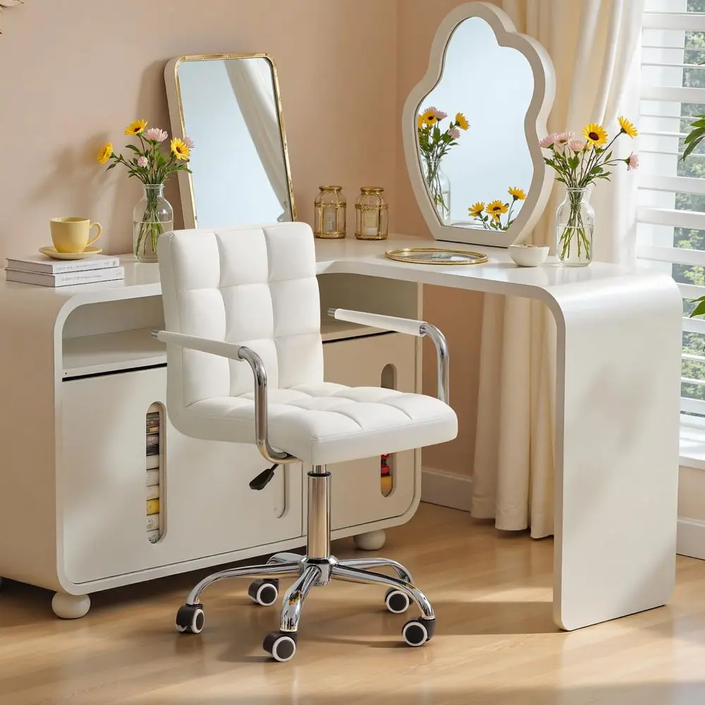 

Vanity Office Chair with Wheels, Makeup PU Leather Executive Chair Modern Adjustable Home Desk Retro Comfortable Work Chair 360