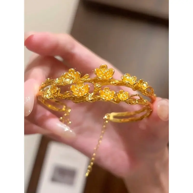 24K 999ゴールド ダブルレイヤー ピーチブロッサム ブランチ オープンブレスレット 女性用、高級感のあるデザイン 1