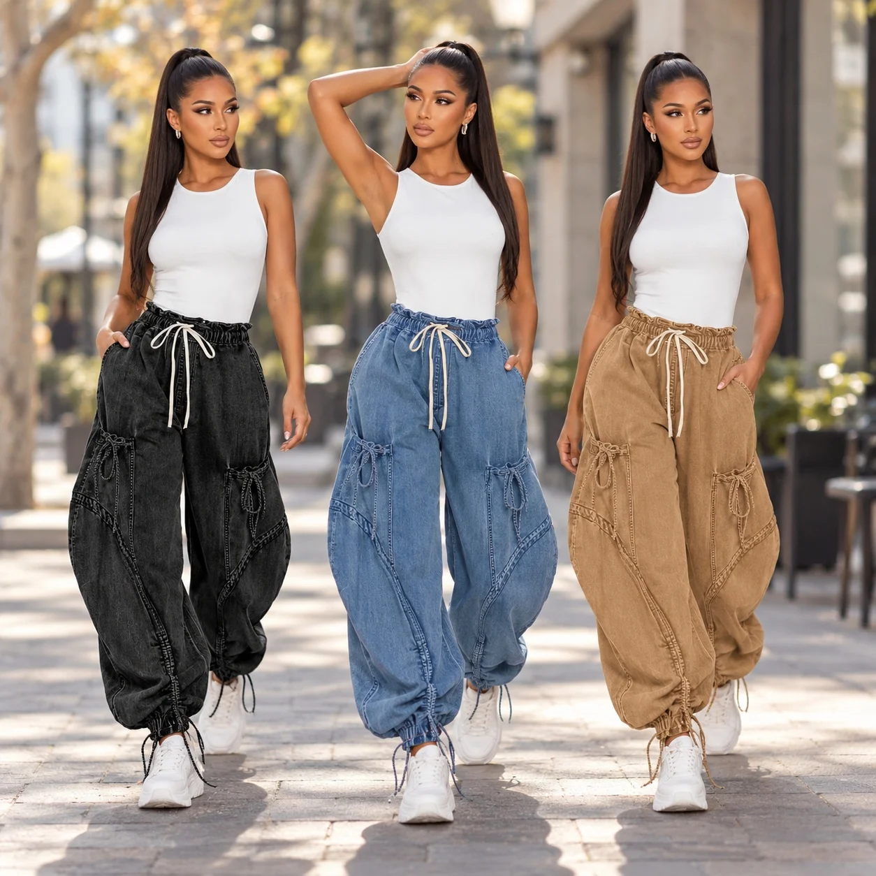 Bow Loose Fit Jeans Mid Waist Edgy Street with Full Length Harem Gathered Regular Thickness No Stretch Women Pants Autumn