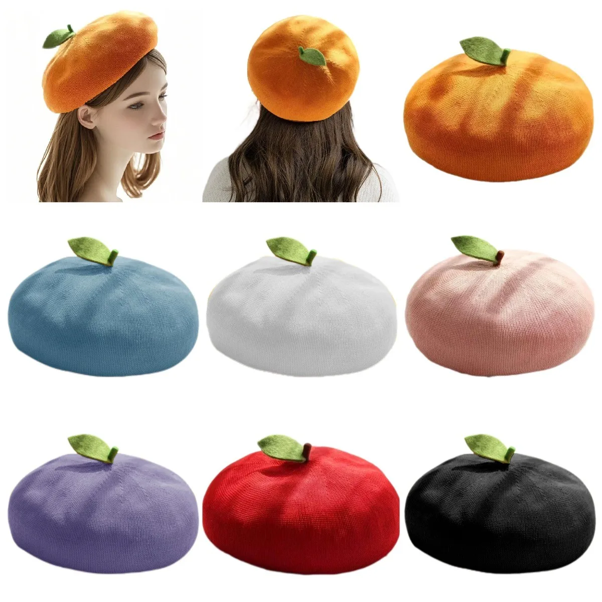 Primavera Verano ahueca hacia fuera el Color brillante Linda boina de hoja para mujer chica hecha a mano moda fruta naranja transpirable boinas de fiesta regalo