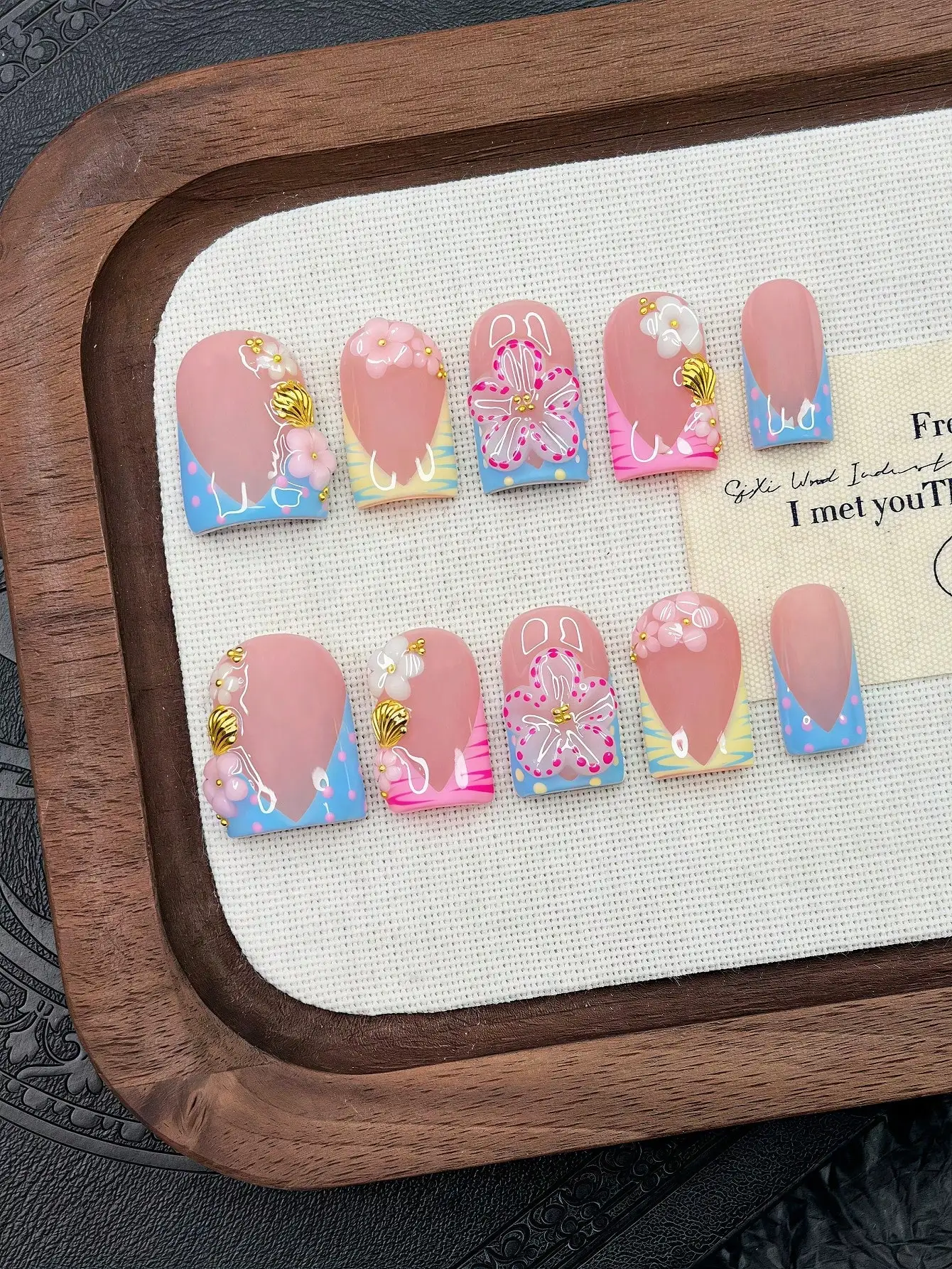 10pcs Y2K Nails Pipe-Shaped Press On Nails Set - Handcrafted, Pink Nails, Blue Nails, Blue And Yellow French Tip Nails, Handmade