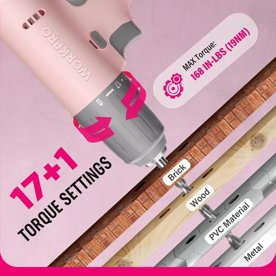 Perceuse sans fil rose, ensemble de tournevis, perceuse électrique 12V, Kit d'outils avec 6 embouts, mandrin sans clé de 3 ou 8 pouces, vitesse Variable 18 Touque