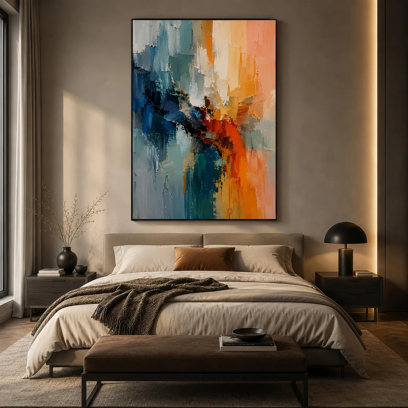 Mhemyo Blue Orange Vertical Canvas Wall Art Large Abstract Hand Painted Painting Palette Knife Texture Modern Living Room Decor
