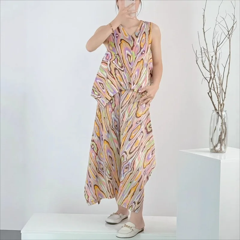 

Miyake Pleated Summer T-Shirt 2026 New Women Pink Printed Sleeveless Tank Top Simple Casual Stretch Comfortable Loose-Fit Pants