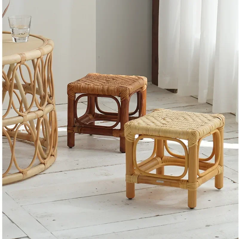 

Simple Homestay Square Stool Retro Rattan Woven Children's Chair Comfortable Seating Hallway Ottoman Practical Shoe Bench