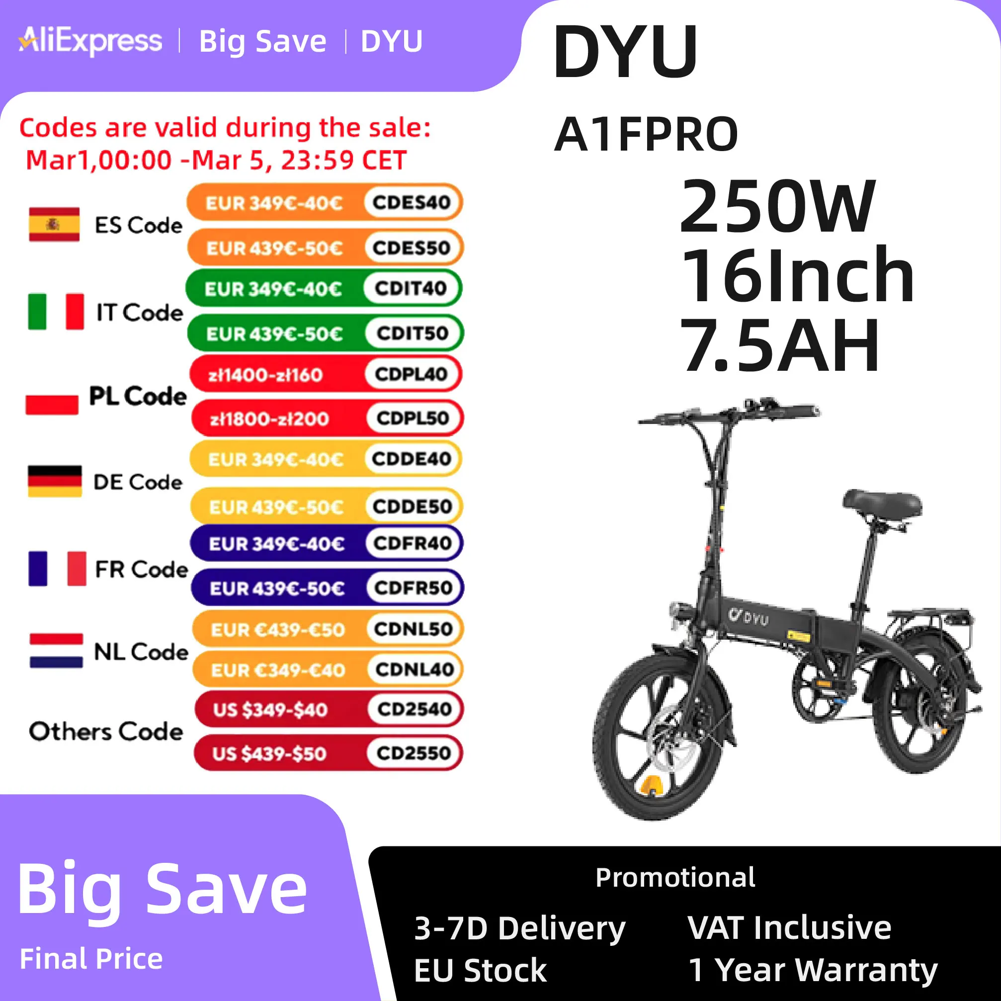 DYU A1F Pro Electric Bike 250W Folding Electric Bicycle 36V 7.5AH Lithium Battery Max Speed 25km/h 16 Inch Mini Assist Ebike