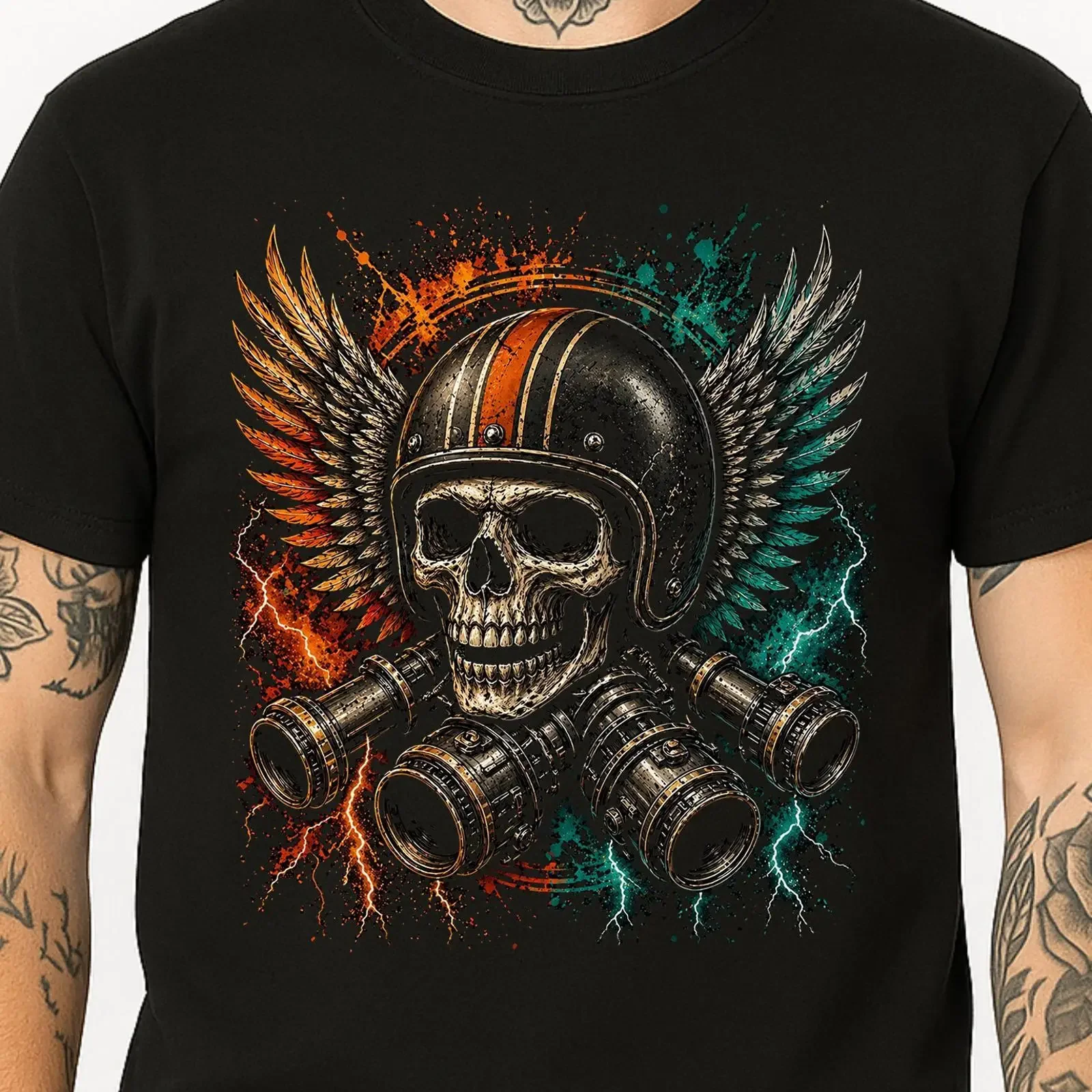 Skull Wings T Shirt Motorrad Helm Kolben Biker Fahrer Vintage Grafik vintage Washed Versatile Unisex Soft fashion Casual