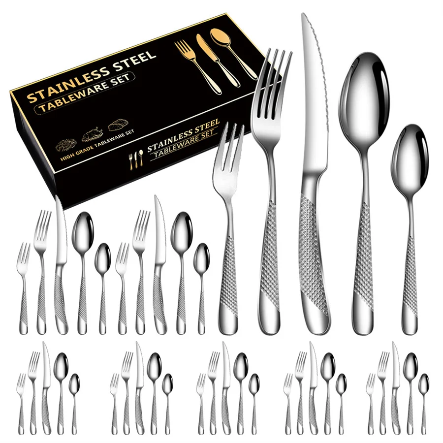 Stainless Steel Cutlery Set, Steak Knife, Fork, Spoon, High Quality Tableware, Large Package, 40Pcs, Set