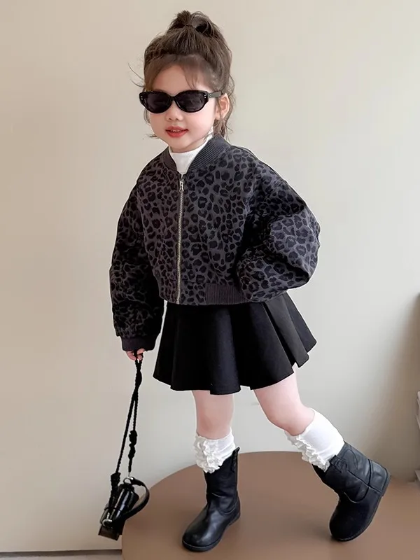 Niñas ort Svel Jaet primavera otoño cremallera larga Sve estampado de leopardo Casual suelta ajuste algodón niños Faion Top