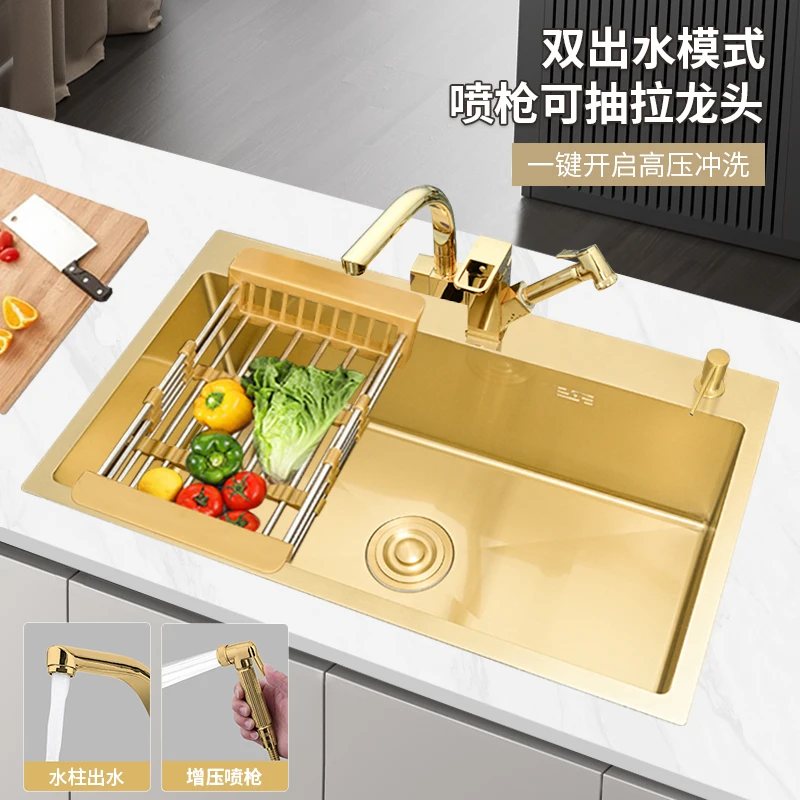 

Stainless steel sink, large single sink, golden light luxury thickened 304 vegetable basin, kitchen, household countertop, middl