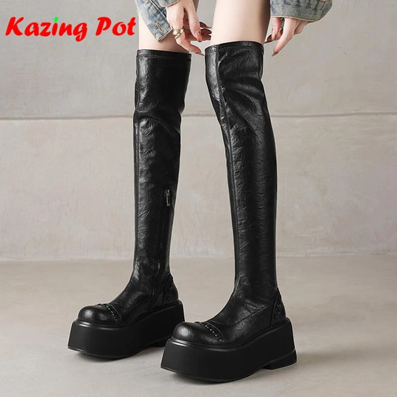 

Krazing Pot Cow Split Skin Chunky High Heels Round Toe Stretch Boots Stovepipe Zip Modern Platform Superstar Over-the-knee Boots