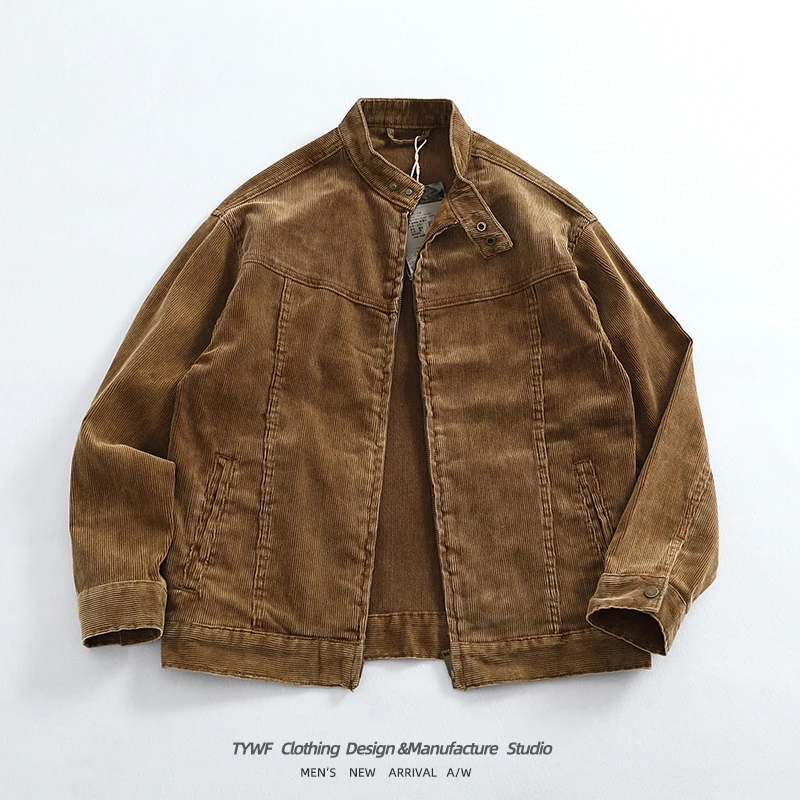 Retro Motorcycle Jacket for Men | Corduroy Vintage Washed | Button-Up Collar Casual Coat | American Streetwear