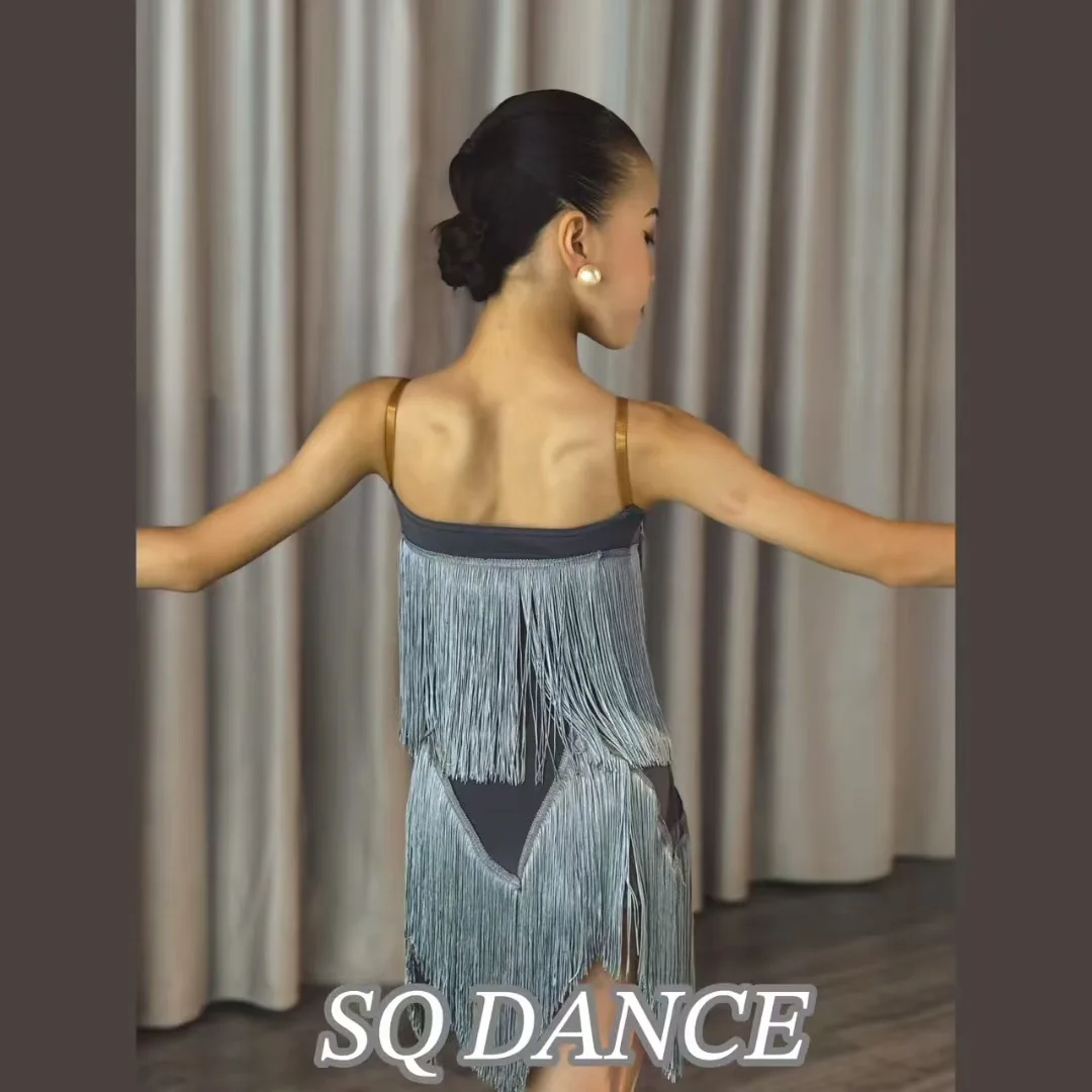 เด็กชุดเต้นรำละตินสาวสีเทาพู่ชุดแข่งขันเสื้อผ้าช่าช่าแซมบ้าเต้นรำเครื่องแต่งกาย DNV24507