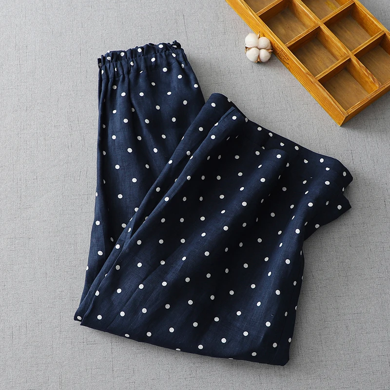 

Брюки в японском стиле с мелким горошком, из хлопка и льна, широкие, с эластичным поясом, прямые, укороченные, повседневные, для стройности фигуры