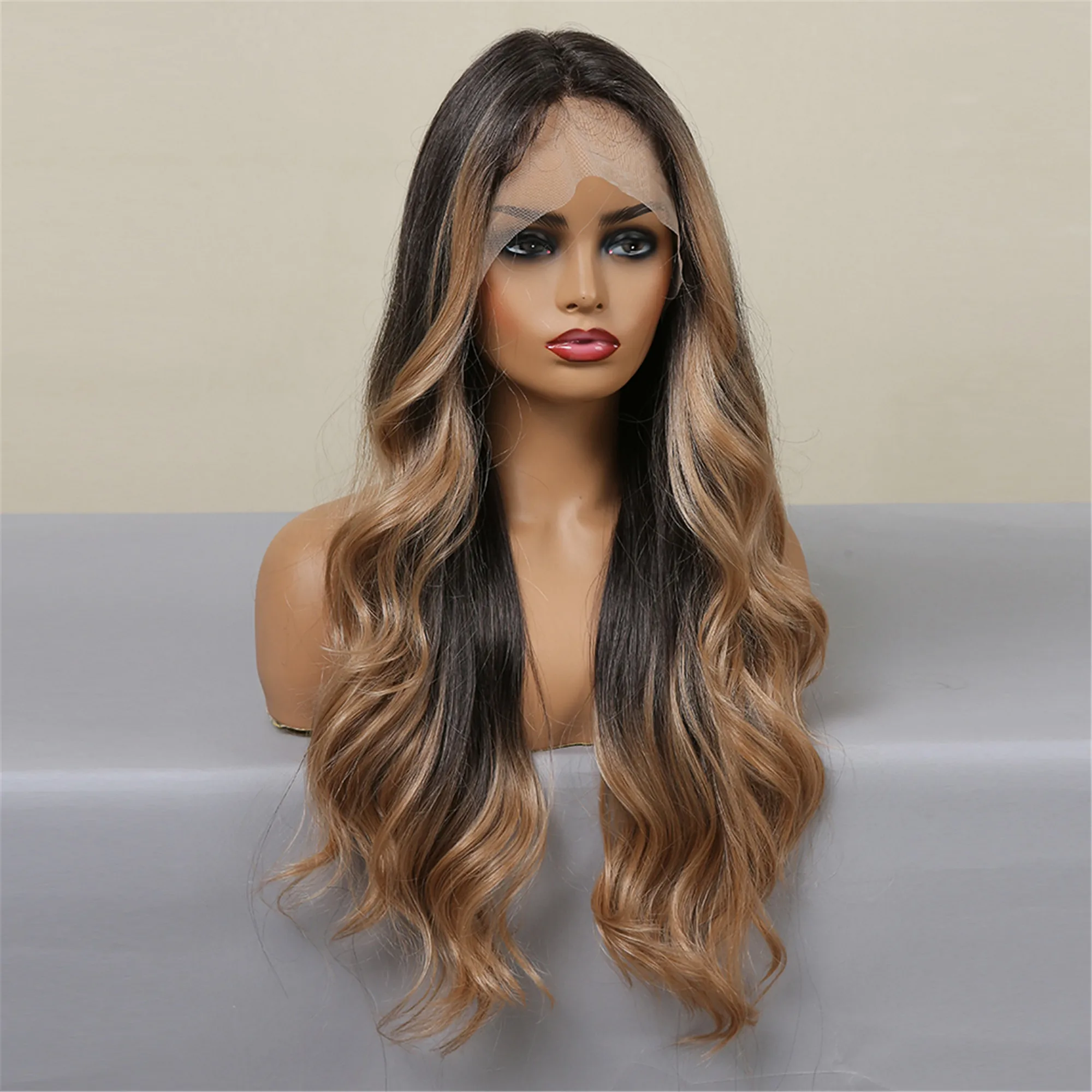 ALAN EATON Long Body Wave Synthetic Lace Front Wigs for Women Afro Brown Ombre to Blonde T Part Lace Wig Colored Highlight Hair