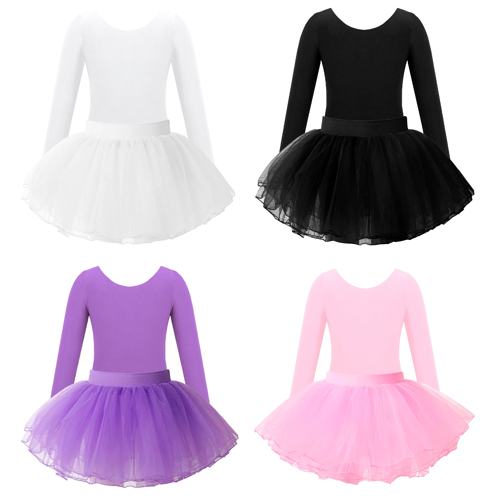 Kids Girls Tutu Ballet Dance Outfits Long Sleeve Round Neck Leotard with Elastic Waistband Layered Skirt for Performance