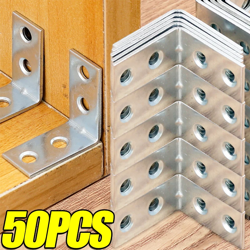 50/10pcs Corner Brackets L-Shaped Connector Metal Wood Shelf Bracket Fixing Fastener Right Angle Braces Drawer Furniture Tools