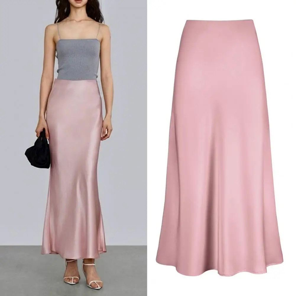 Smooth Satin Skirt Women Spring Summer High Waist Silky Texture Maxi Skirt Solid Color Fishtail Long Skirt