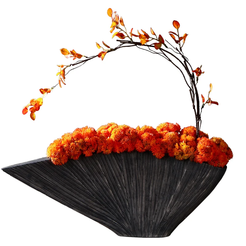 New Chinese retro vase set simulated flower succulent bonsai decorative fan-shaped resin ornament overall floral soft decoration