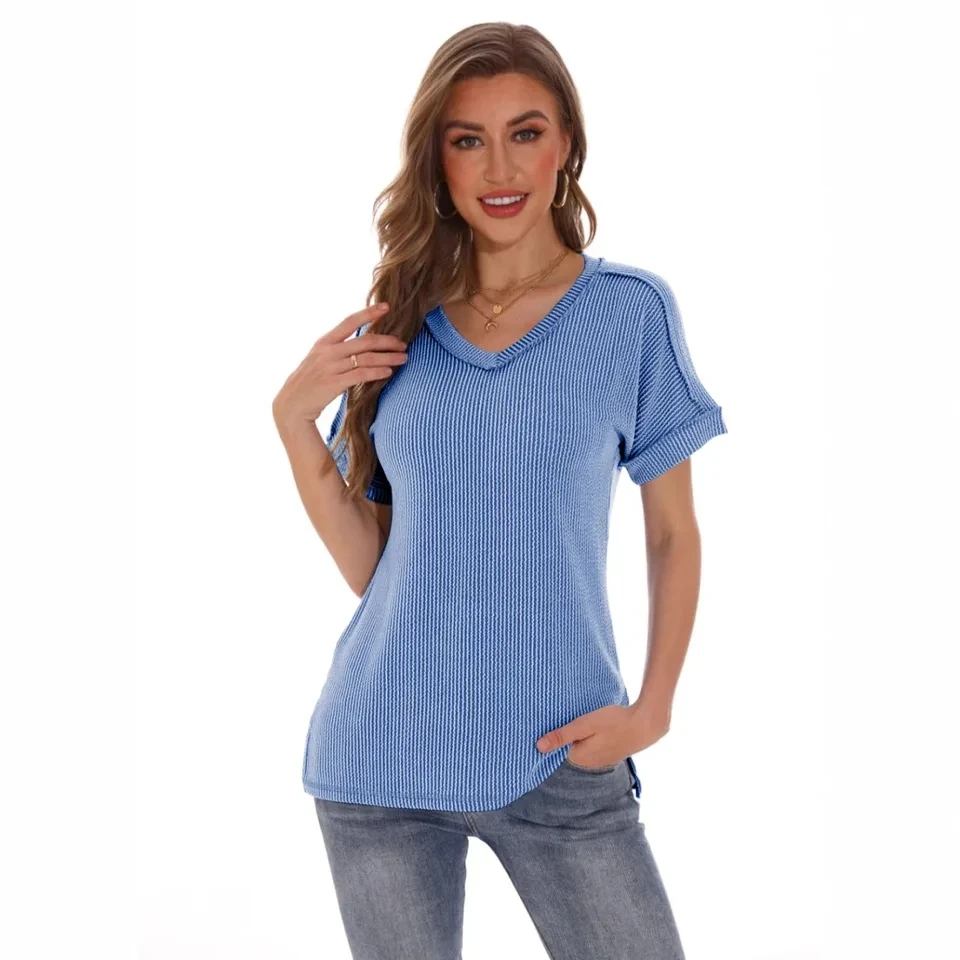 

V-neck Short-sleeved Striped Fashion Pullover Women's Summer Commuting Versatile Slit Stitching Outdoor Daily Versatile T-shirt